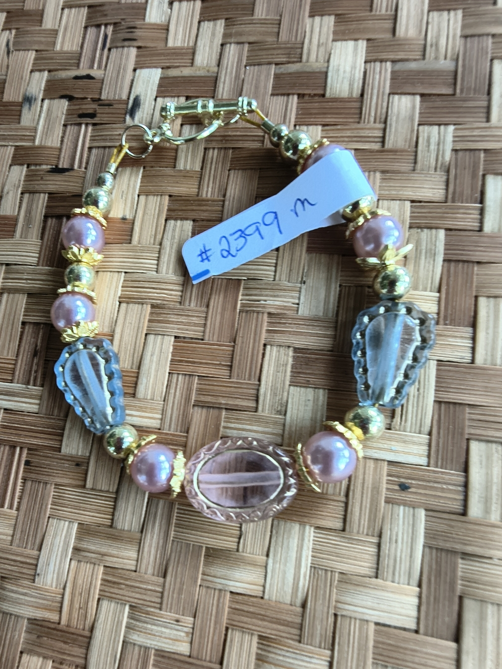 Handmade Pink Pearl & Gold Glass Bead Bracelet